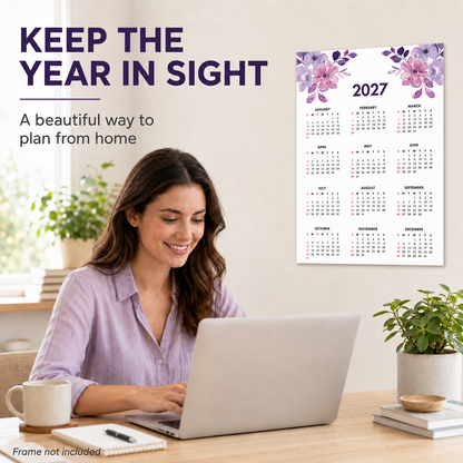 2027 Year at a Glance Wall Calendar – Purple Watercolor Flowers carousel image 4