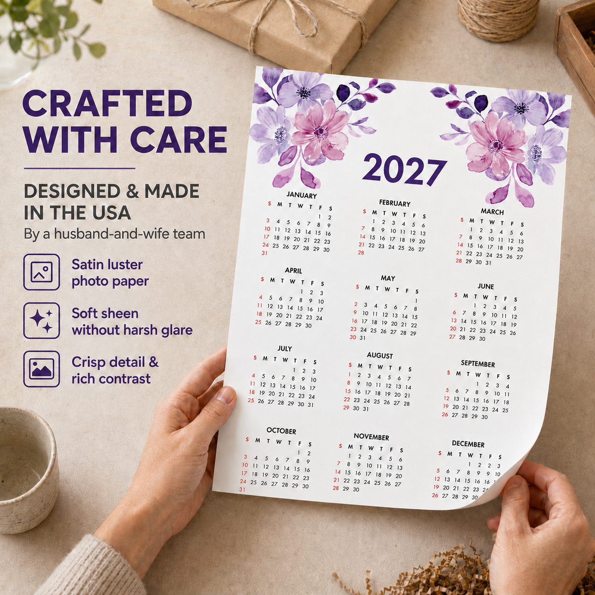 2027 Year at a Glance Wall Calendar – Purple Watercolor Flowers carousel image 2