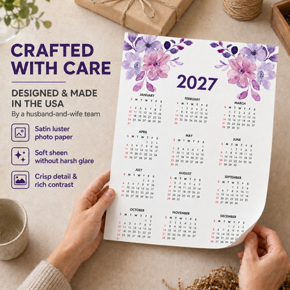 2027 Year at a Glance Wall Calendar – Purple Watercolor Flowers carousel image 2