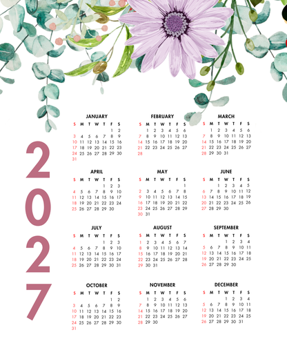 2027 Year at a Glance Wall Calendar – Colorful Watercolor Flowers