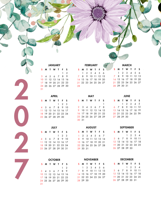 2027 Year at a Glance Wall Calendar – Colorful Watercolor Flowers