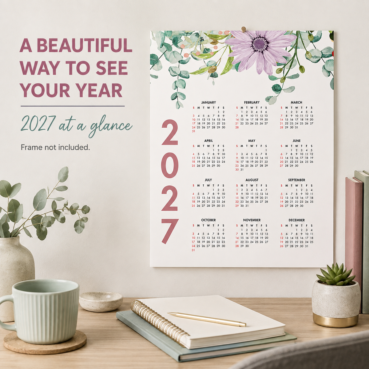 2027 Year at a Glance Wall Calendar – Colorful Watercolor Flowers carousel image 7