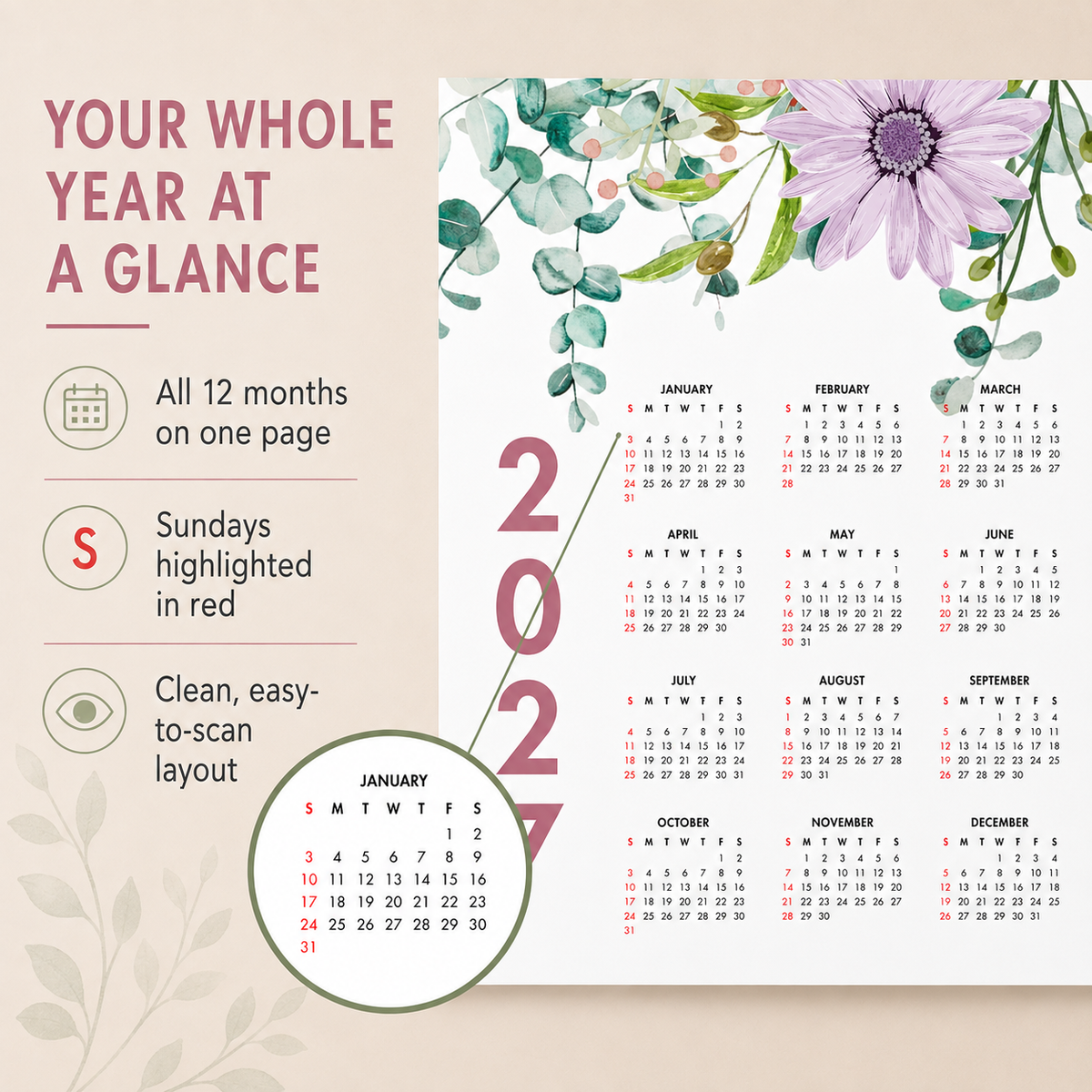 2027 Year at a Glance Wall Calendar – Colorful Watercolor Flowers carousel image 6