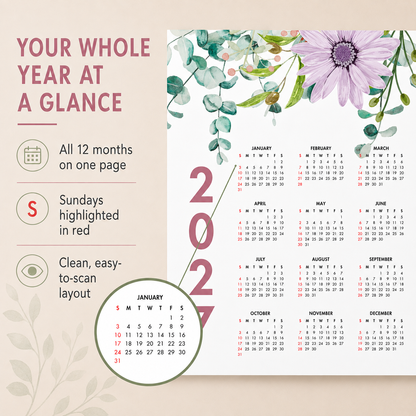 2027 Year at a Glance Wall Calendar – Colorful Watercolor Flowers carousel image 6