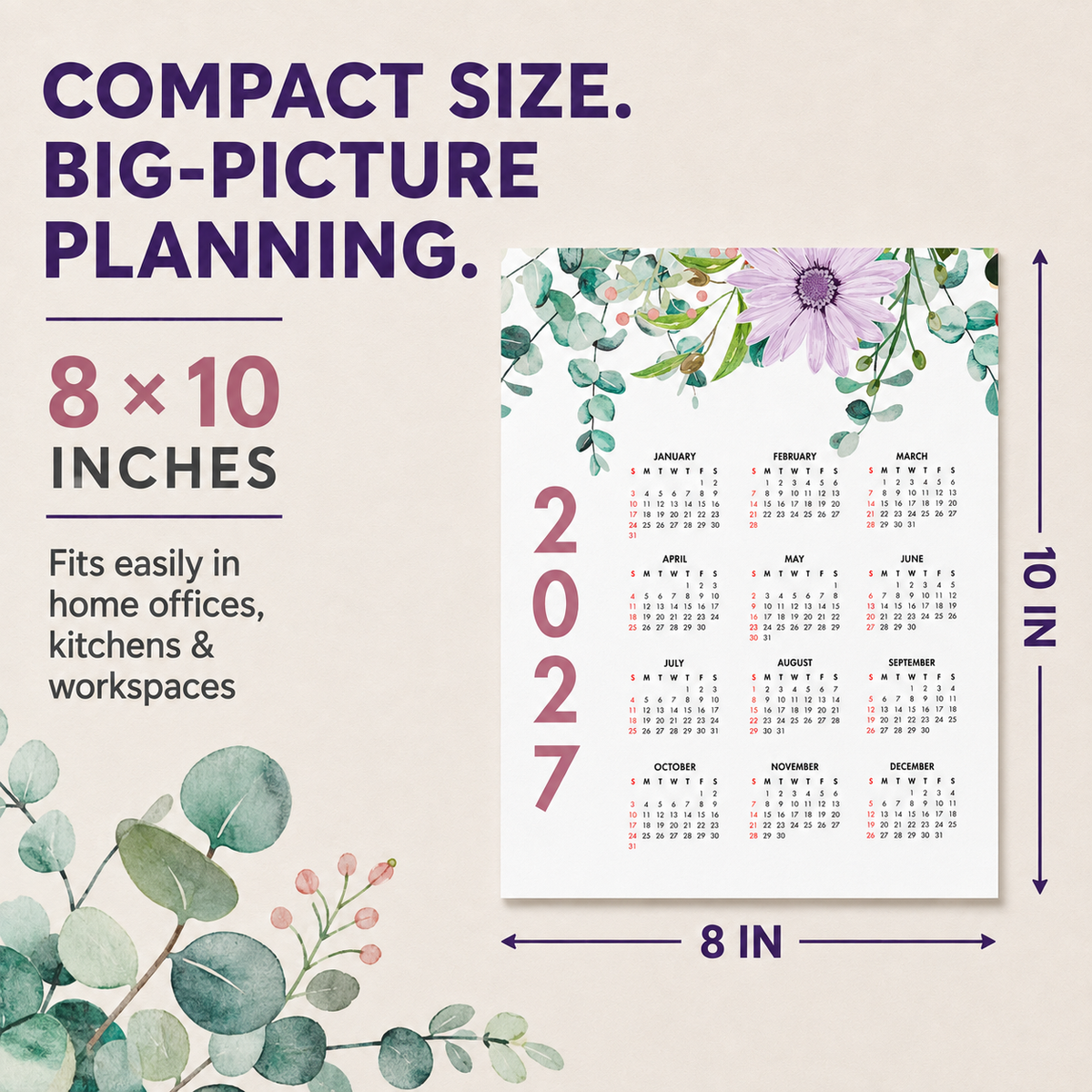2027 Year at a Glance Wall Calendar – Colorful Watercolor Flowers carousel image 3