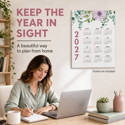 2027 Year at a Glance Wall Calendar – Colorful Watercolor Flowers carousel image 5