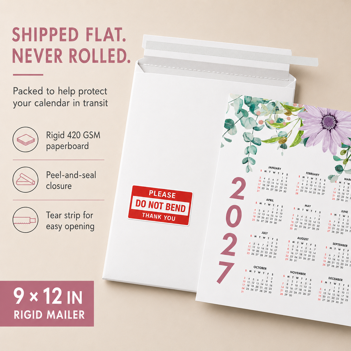 2027 Year at a Glance Wall Calendar – Colorful Watercolor Flowers carousel image 2