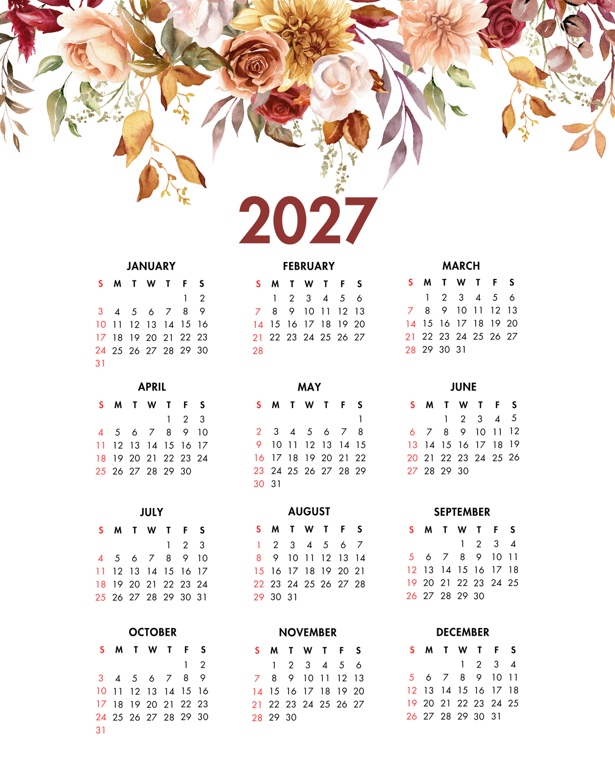 2027 Year at a Glance Wall Calendar – Fall Mix Watercolor Flowers