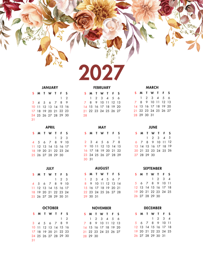 2027 Year at a Glance Wall Calendar – Fall Mix Watercolor Flowers