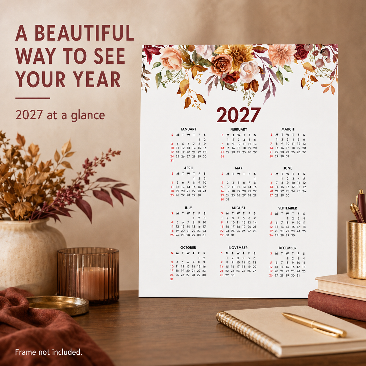 2027 Year at a Glance Wall Calendar – Fall Mix Watercolor Flowers carousel image 7
