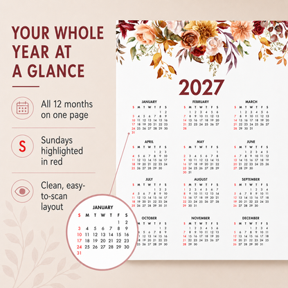 2027 Year at a Glance Wall Calendar – Fall Mix Watercolor Flowers carousel image 5
