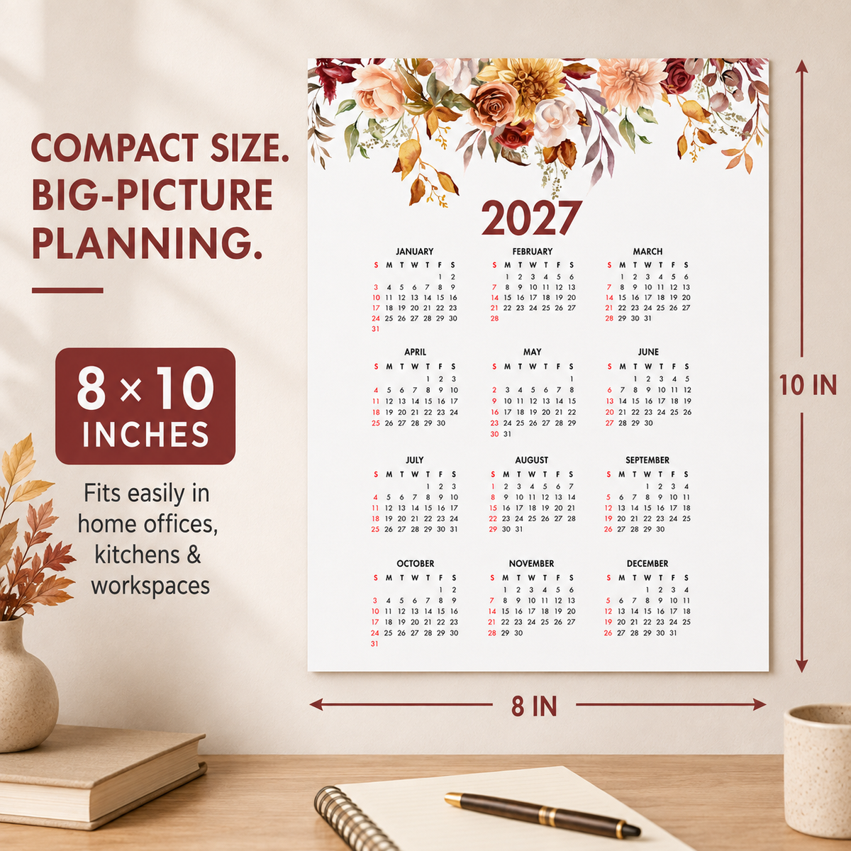 2027 Year at a Glance Wall Calendar – Fall Mix Watercolor Flowers carousel image 6