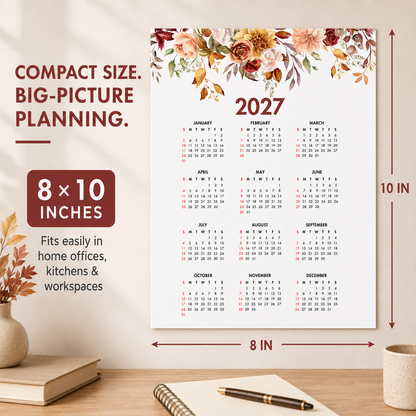2027 Year at a Glance Wall Calendar – Fall Mix Watercolor Flowers carousel image 6