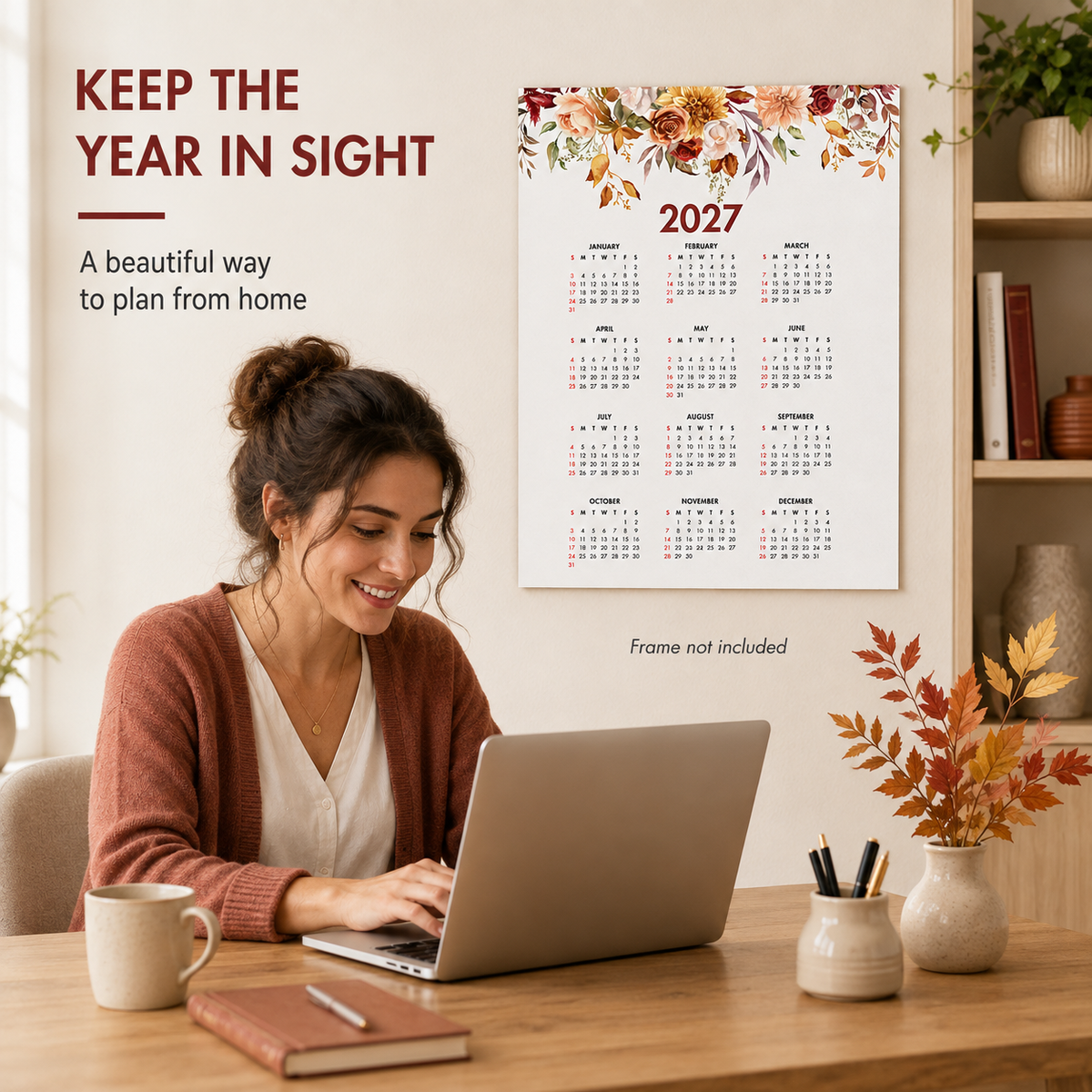 2027 Year at a Glance Wall Calendar – Fall Mix Watercolor Flowers carousel image 4