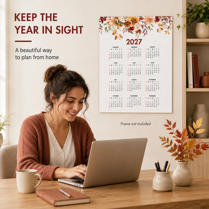2027 Year at a Glance Wall Calendar – Fall Mix Watercolor Flowers carousel image 4