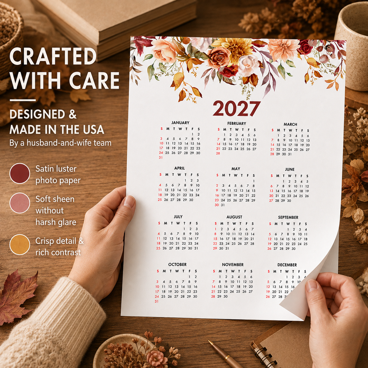 2027 Year at a Glance Wall Calendar – Fall Mix Watercolor Flowers carousel image 3