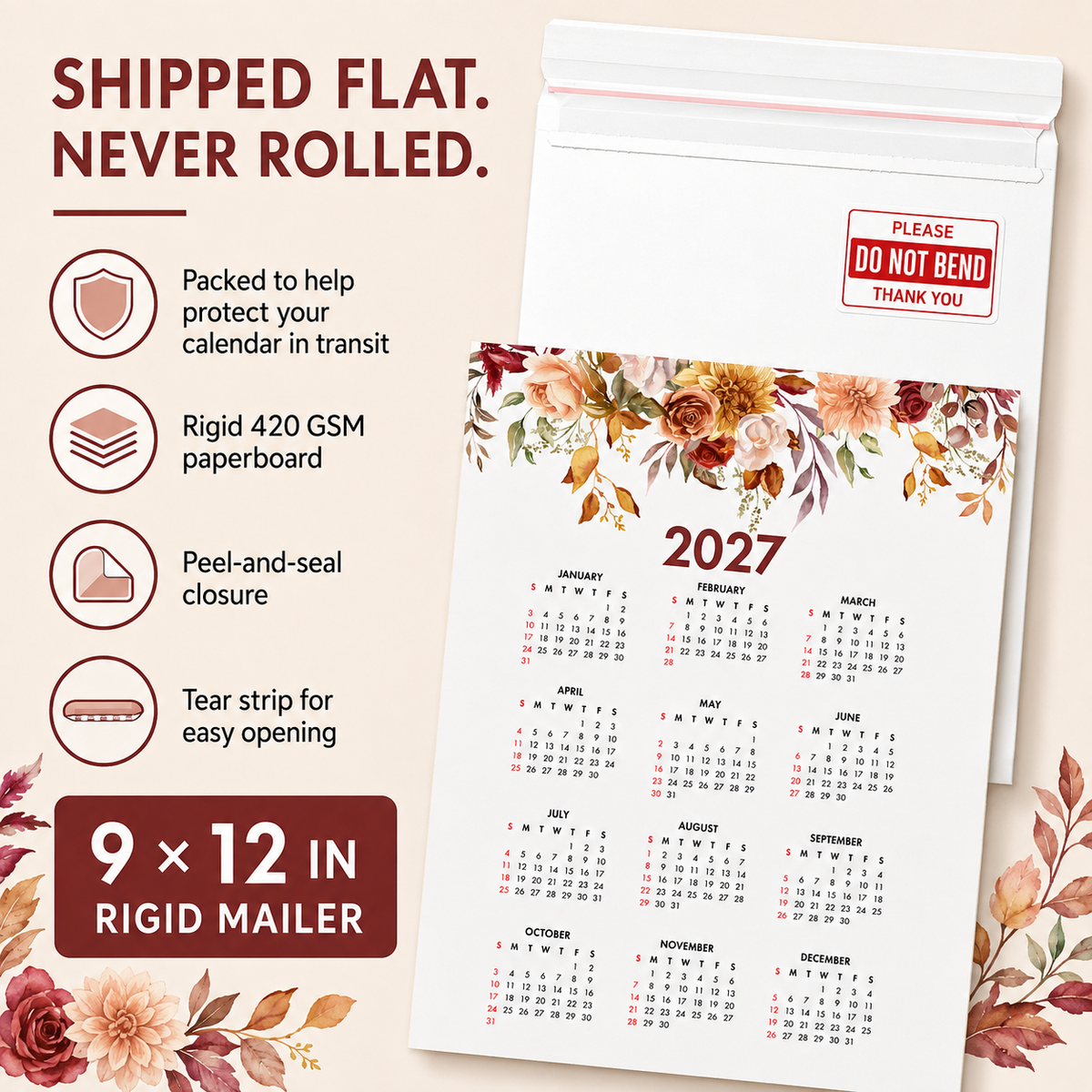 2027 Year at a Glance Wall Calendar – Fall Mix Watercolor Flowers carousel image 2