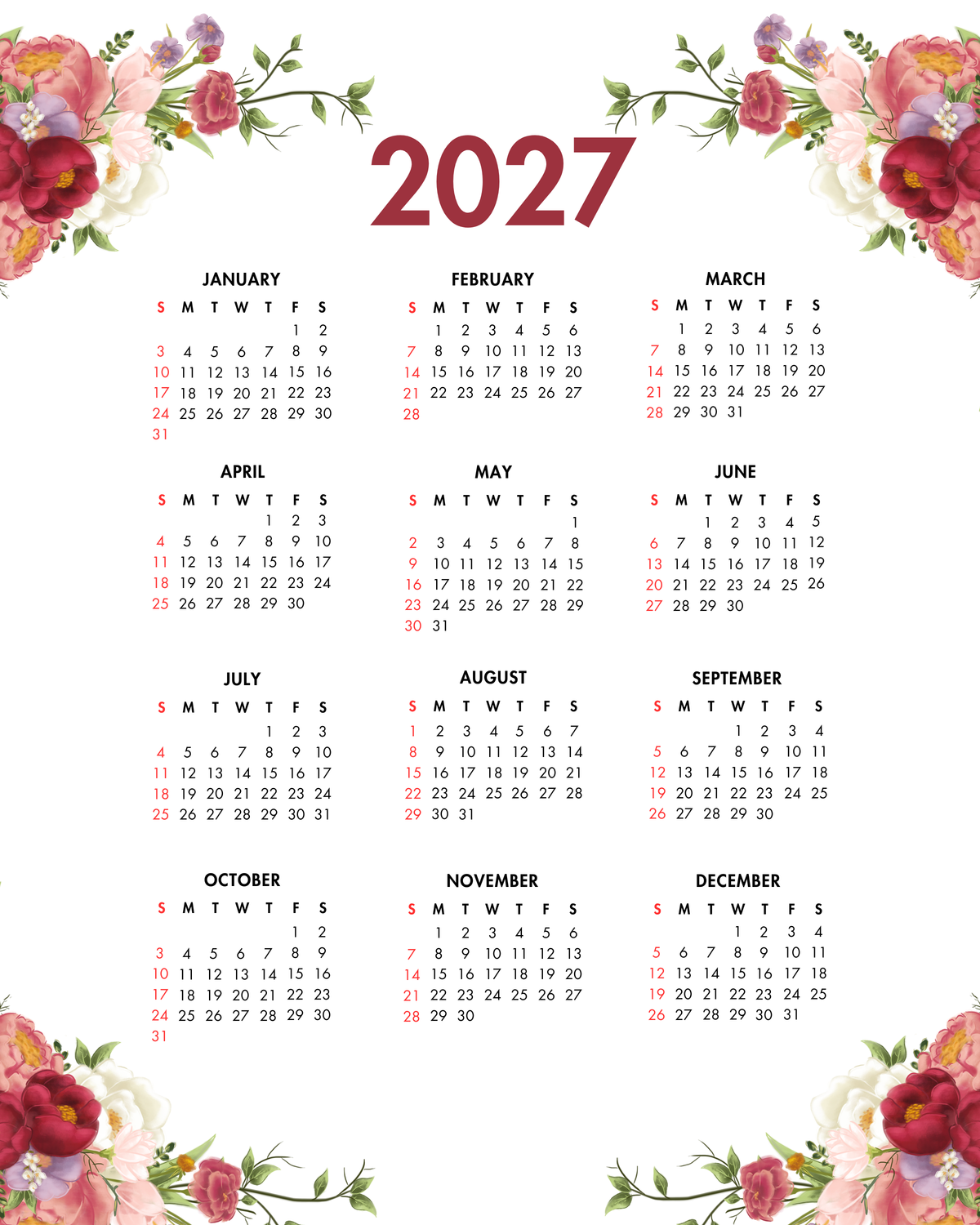 2027 Year at a Glance Wall Calendar – Red & Pink Flowers