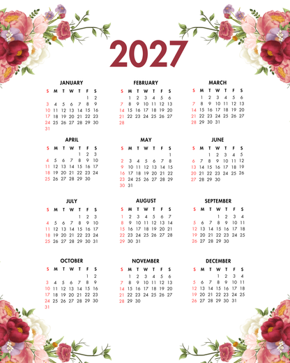 2027 Year at a Glance Wall Calendar – Red & Pink Flowers
