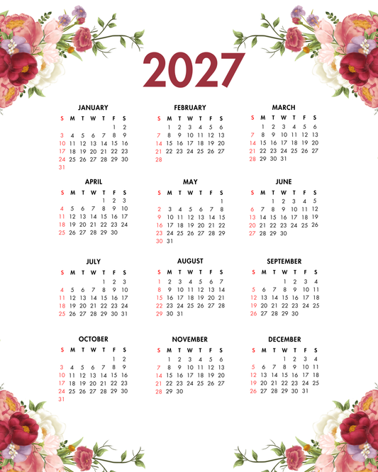 2027 Year at a Glance Wall Calendar – Red & Pink Flowers