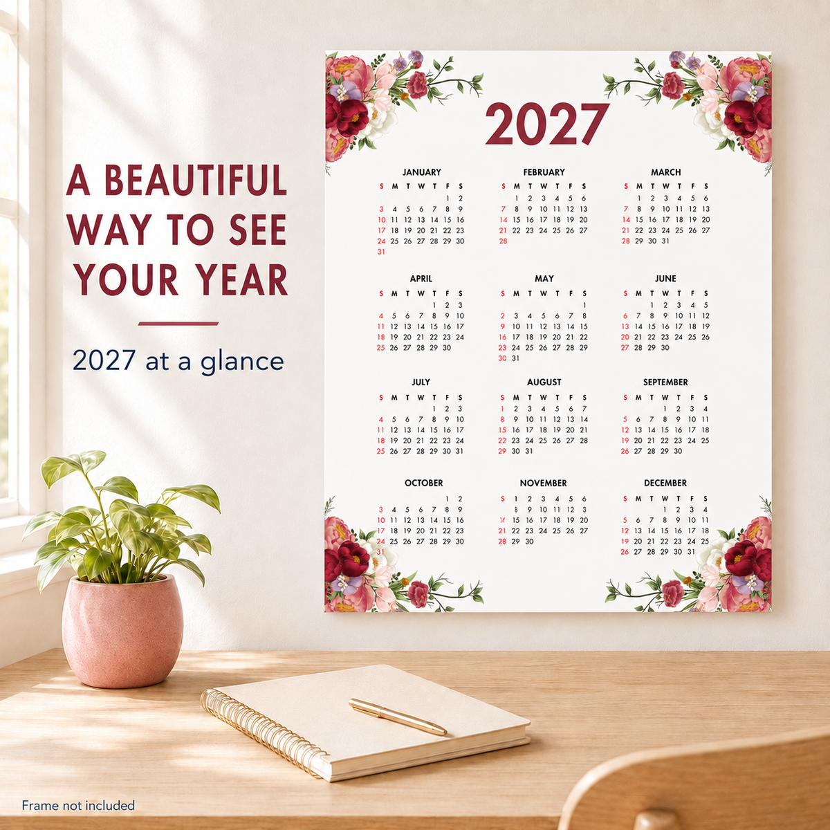 2027 Year at a Glance Wall Calendar – Red & Pink Flowers carousel image 7