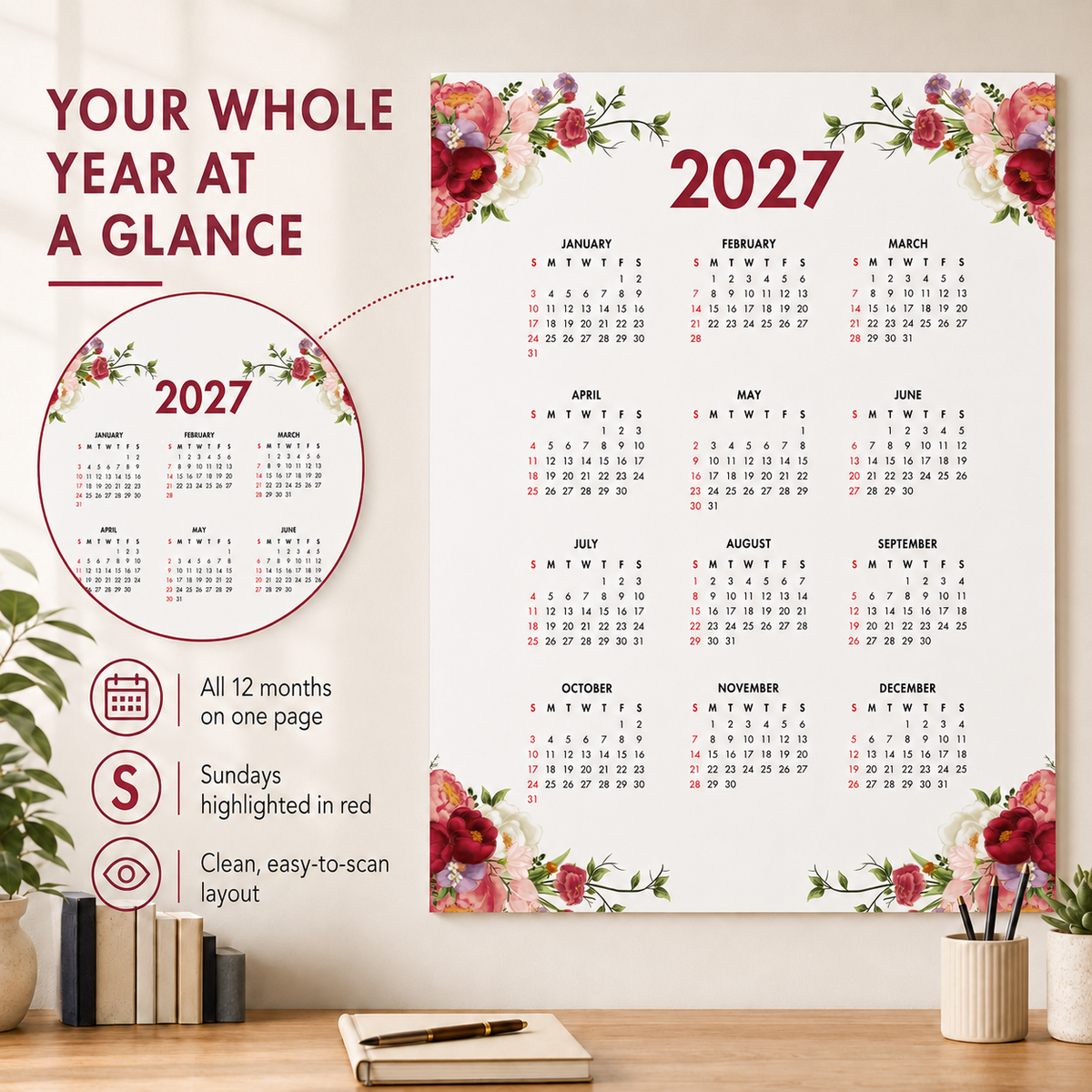 2027 Year at a Glance Wall Calendar – Red & Pink Flowers carousel image 6