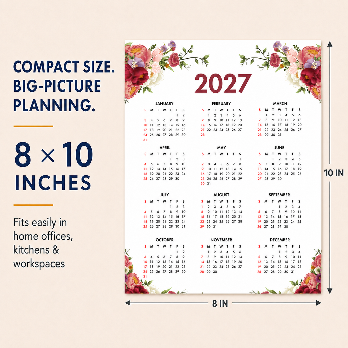 2027 Year at a Glance Wall Calendar – Red & Pink Flowers carousel image 5