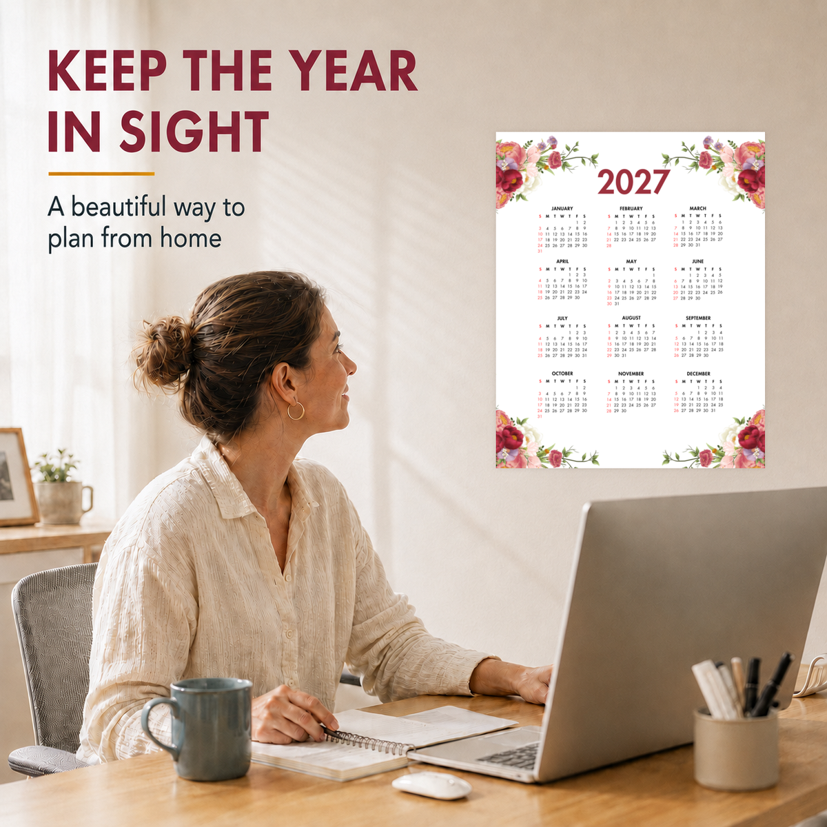 2027 Year at a Glance Wall Calendar – Red & Pink Flowers carousel image 2