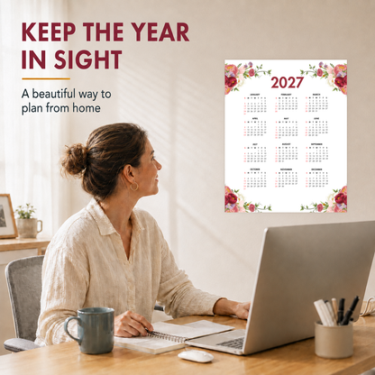 2027 Year at a Glance Wall Calendar – Red & Pink Flowers carousel image 2