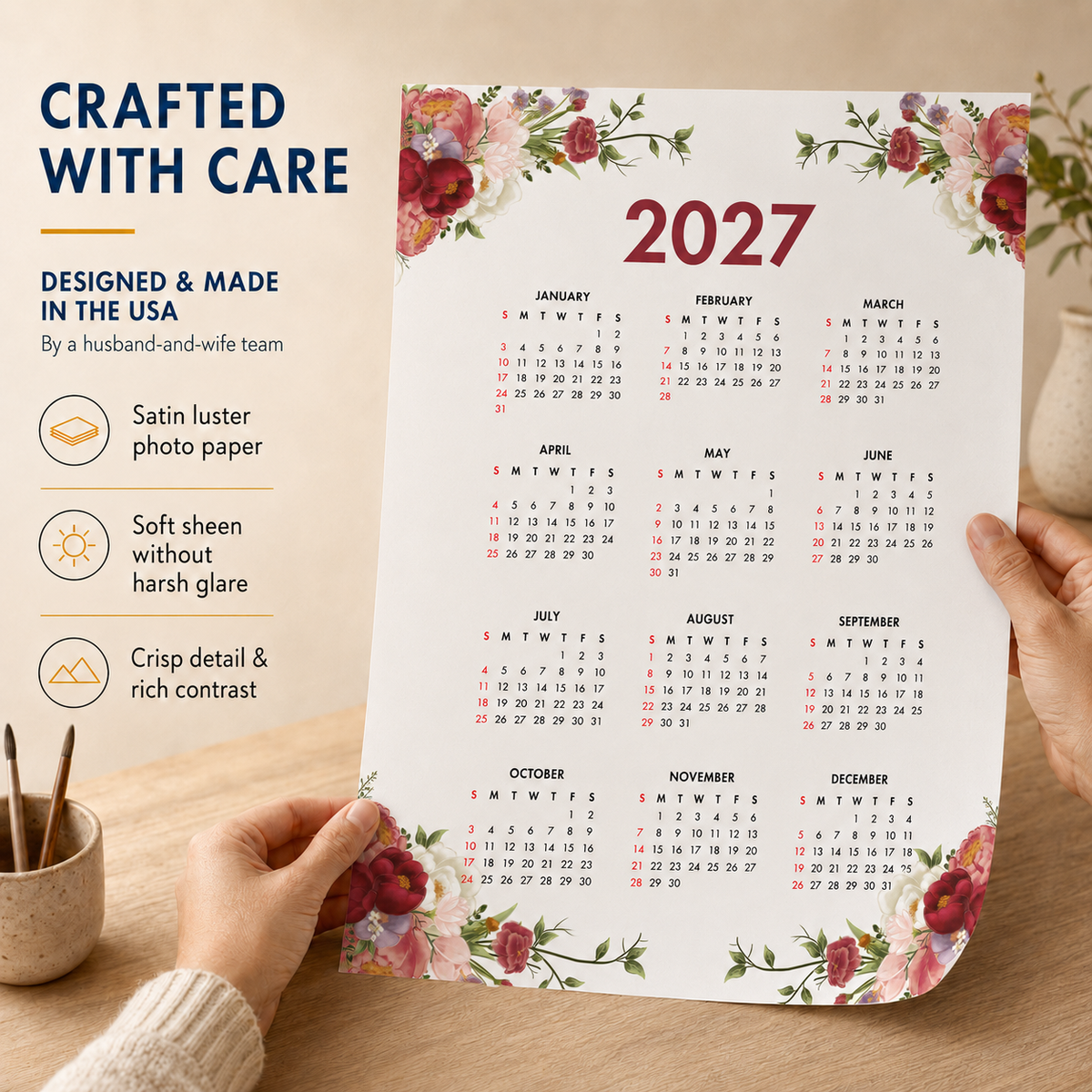 2027 Year at a Glance Wall Calendar – Red & Pink Flowers carousel image 4