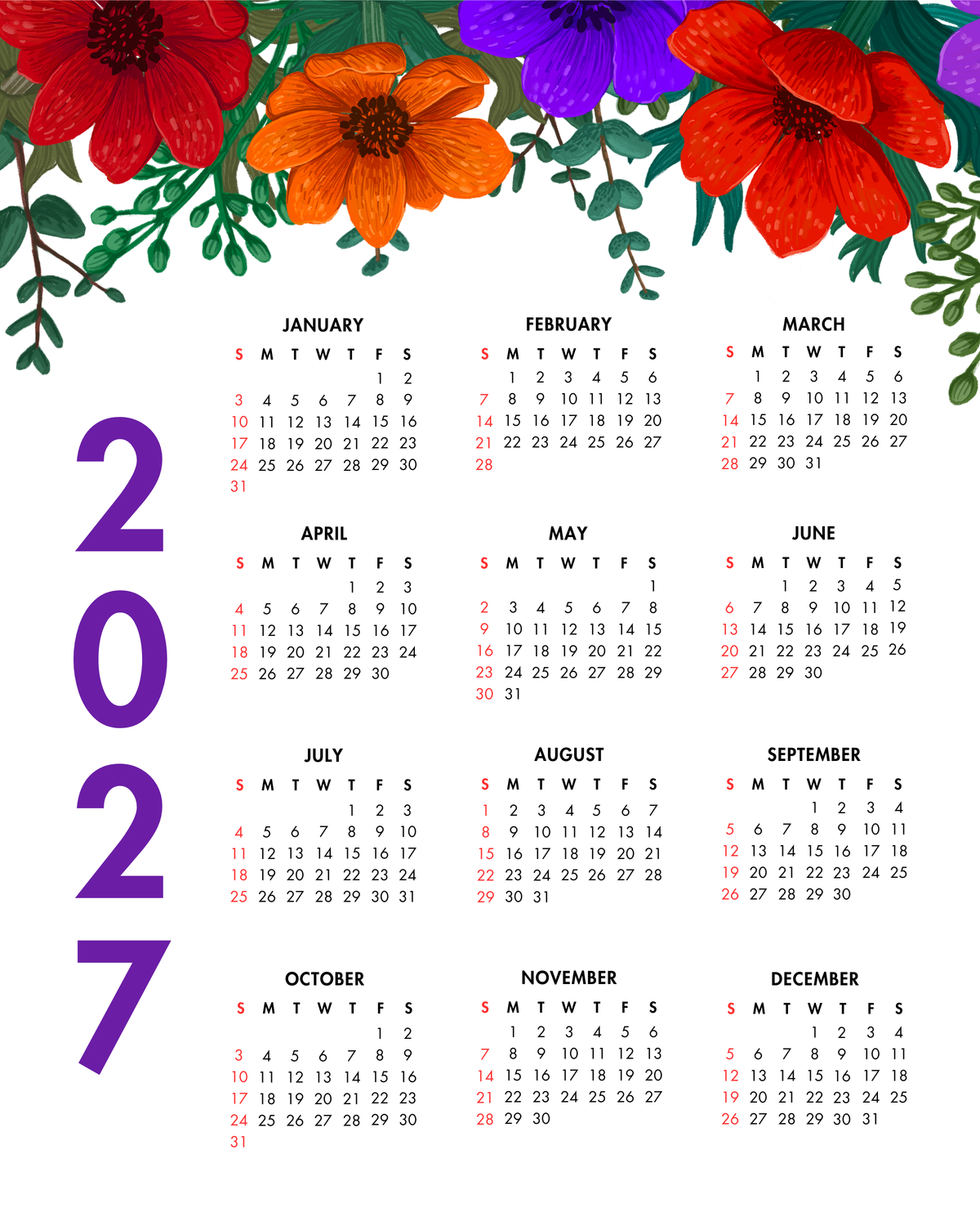 2027 Year at a Glance Wall Calendar – Bold Colorful Flowers