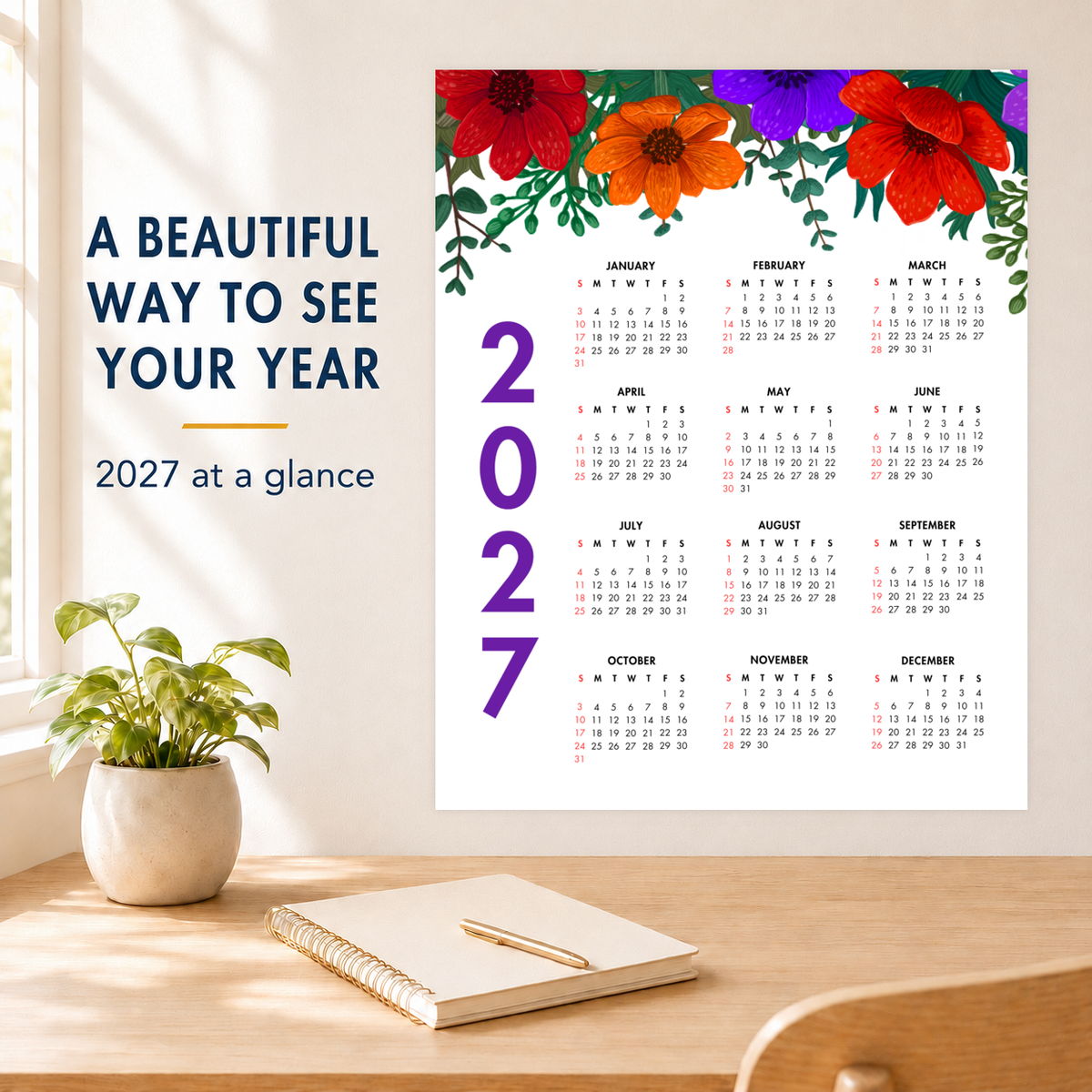 2027 Year at a Glance Wall Calendar – Bold Colorful Flowers carousel image 3