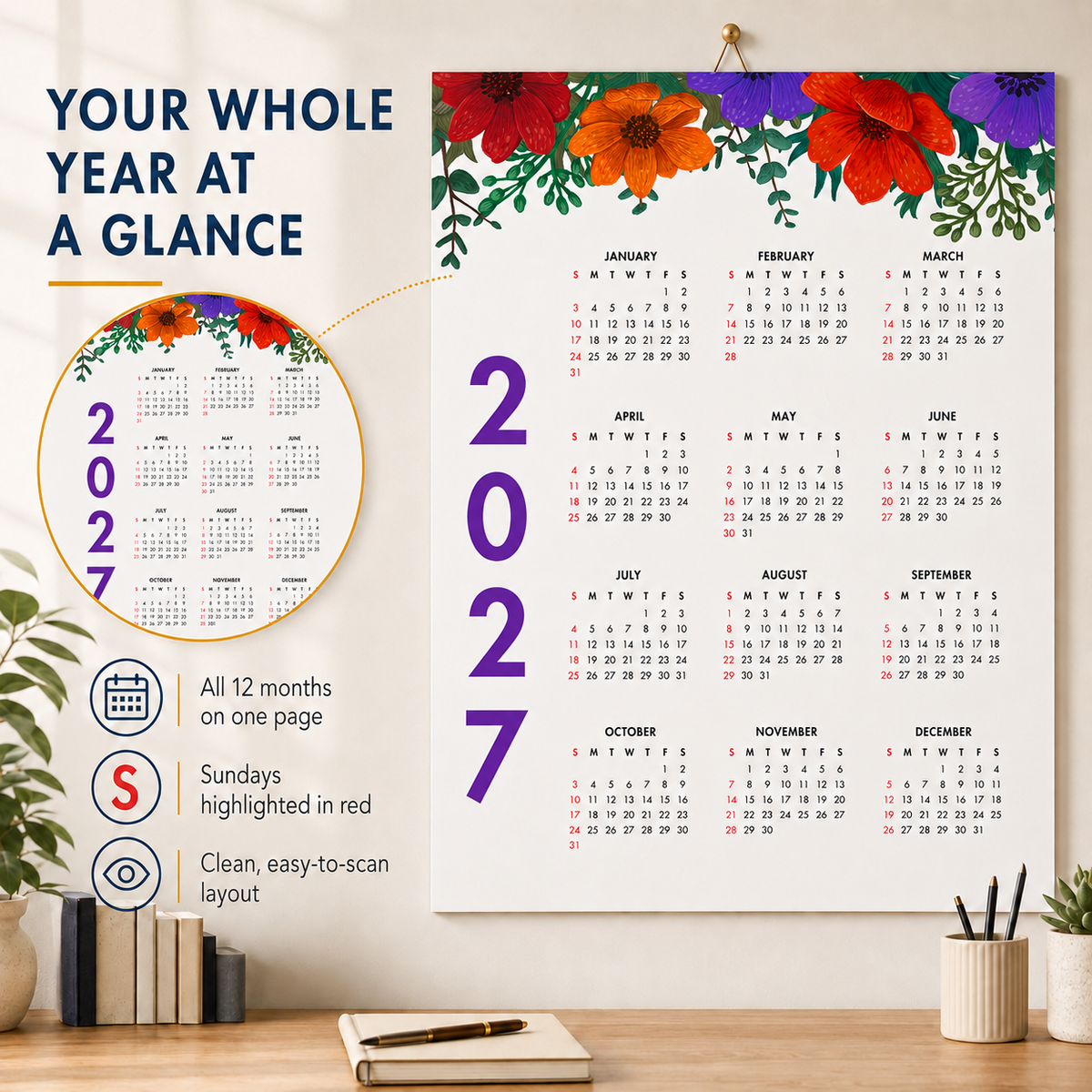 2027 Year at a Glance Wall Calendar – Bold Colorful Flowers carousel image 7