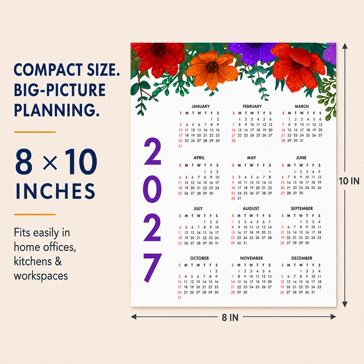 2027 Year at a Glance Wall Calendar – Bold Colorful Flowers carousel image 6
