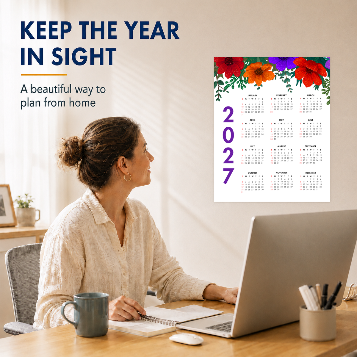 2027 Year at a Glance Wall Calendar – Bold Colorful Flowers carousel image 2