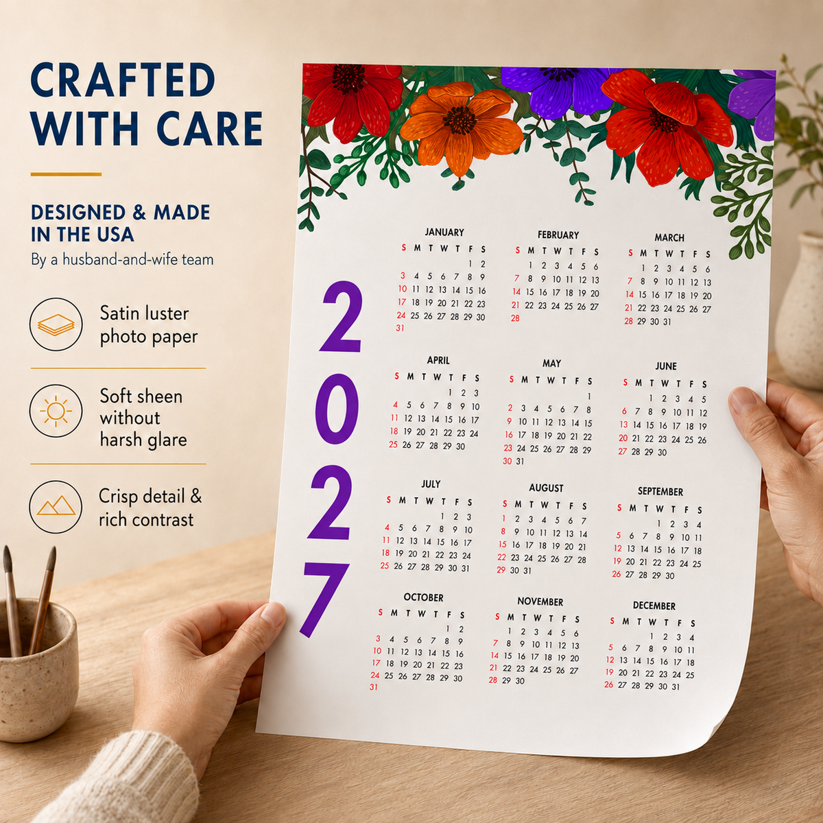 2027 Year at a Glance Wall Calendar – Bold Colorful Flowers carousel image 5
