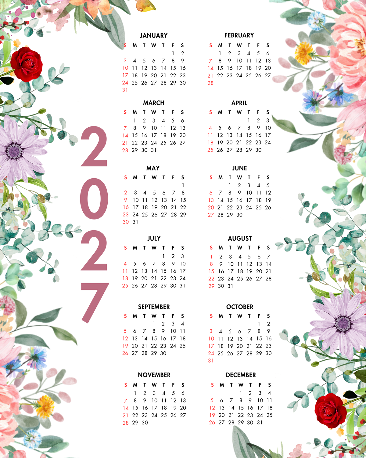 2027 Year at a Glance Wall Calendar – Colorful Blooming Flowers
