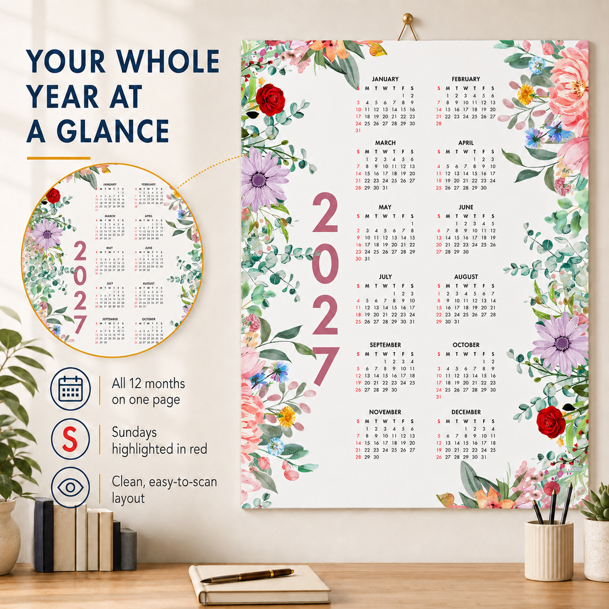 2027 Year at a Glance Wall Calendar – Colorful Blooming Flowers carousel image 6