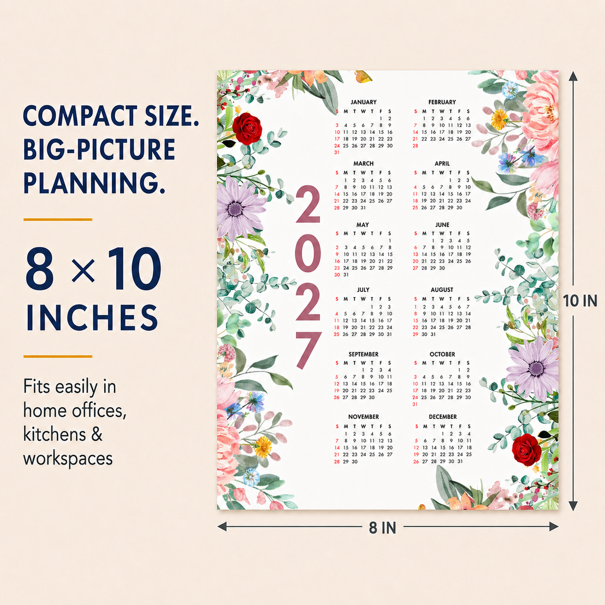 2027 Year at a Glance Wall Calendar – Colorful Blooming Flowers carousel image 5