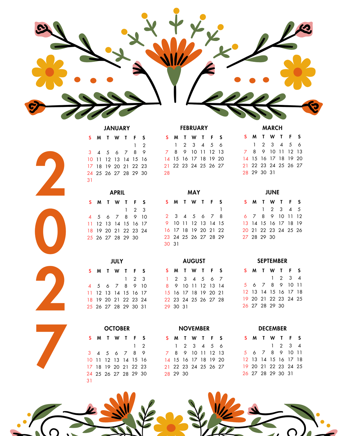 2027 Year at a Glance Wall Calendar – Modern Flowers