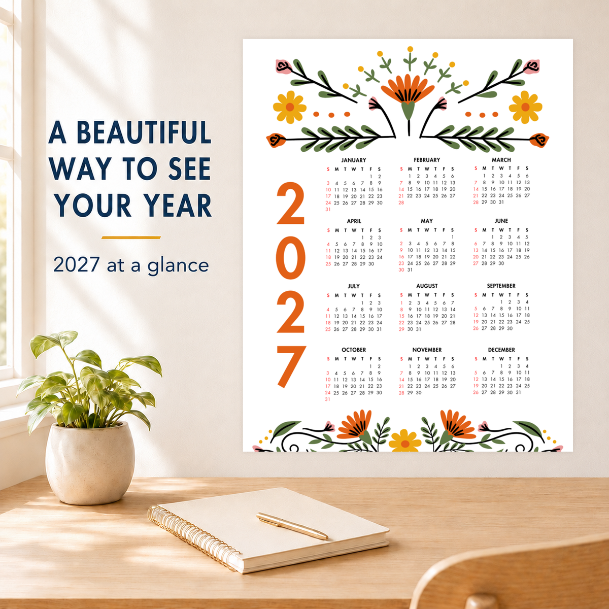 2027 Year at a Glance Wall Calendar – Modern Flowers carousel image 3