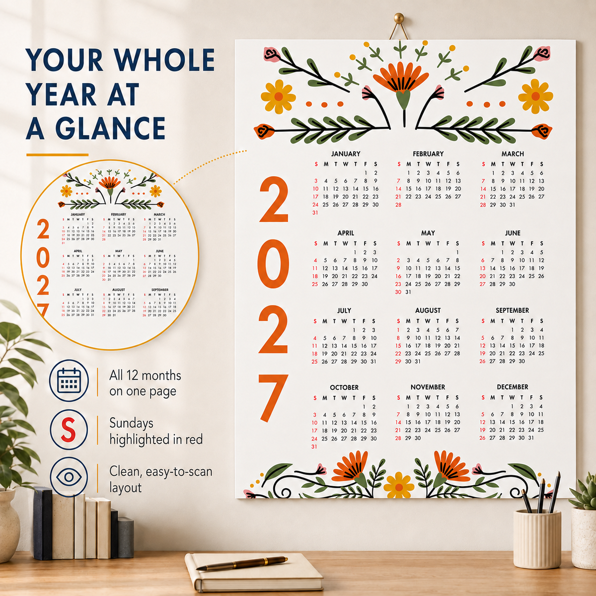 2027 Year at a Glance Wall Calendar – Modern Flowers carousel image 7