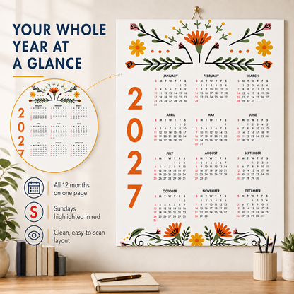 2027 Year at a Glance Wall Calendar – Modern Flowers carousel image 7