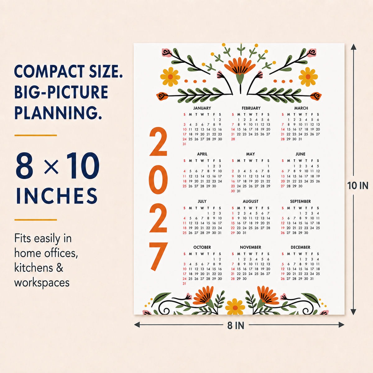 2027 Year at a Glance Wall Calendar – Modern Flowers carousel image 6