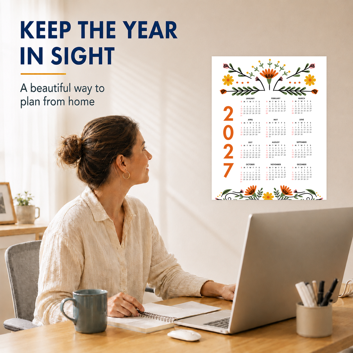 2027 Year at a Glance Wall Calendar – Modern Flowers carousel image 2