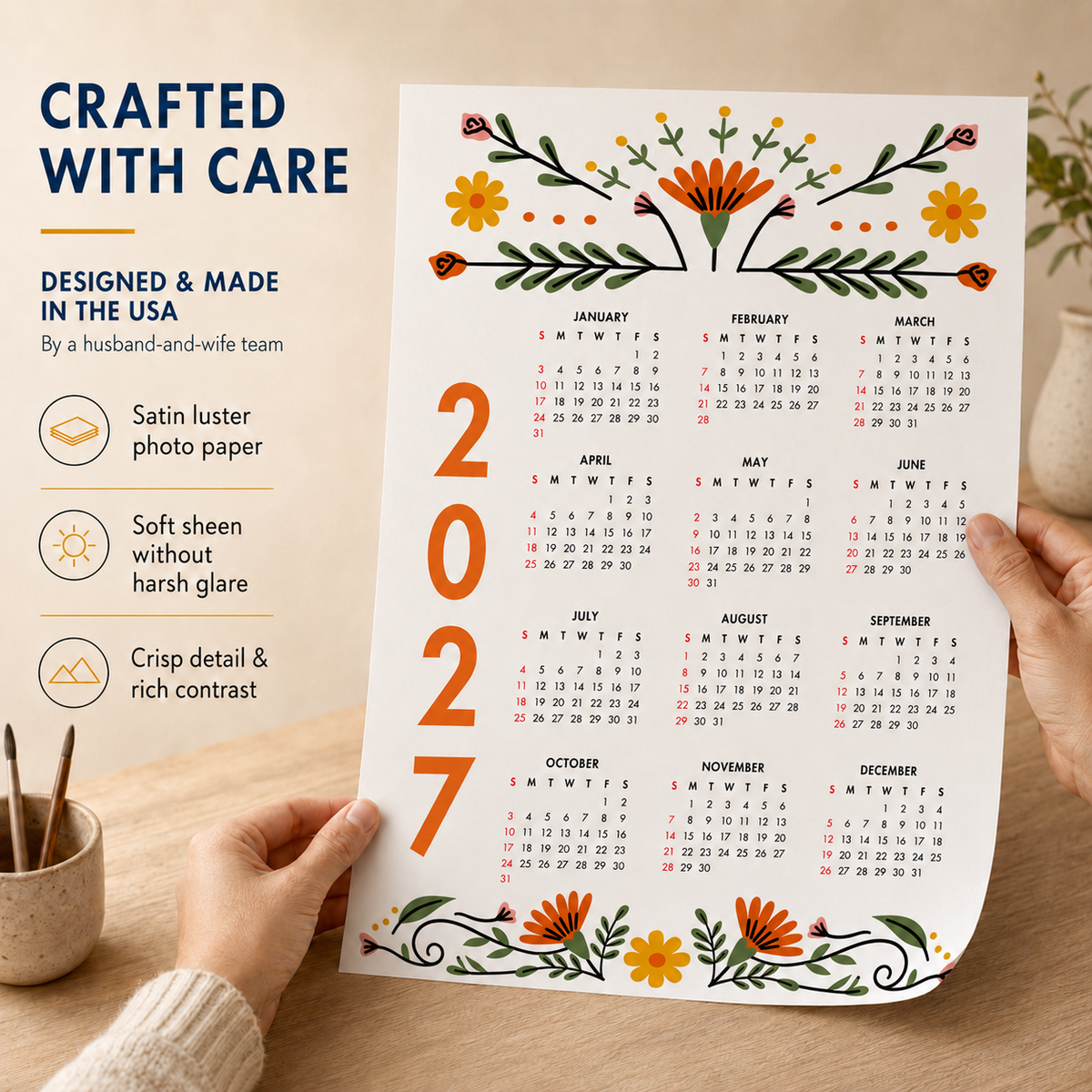 2027 Year at a Glance Wall Calendar – Modern Flowers carousel image 4