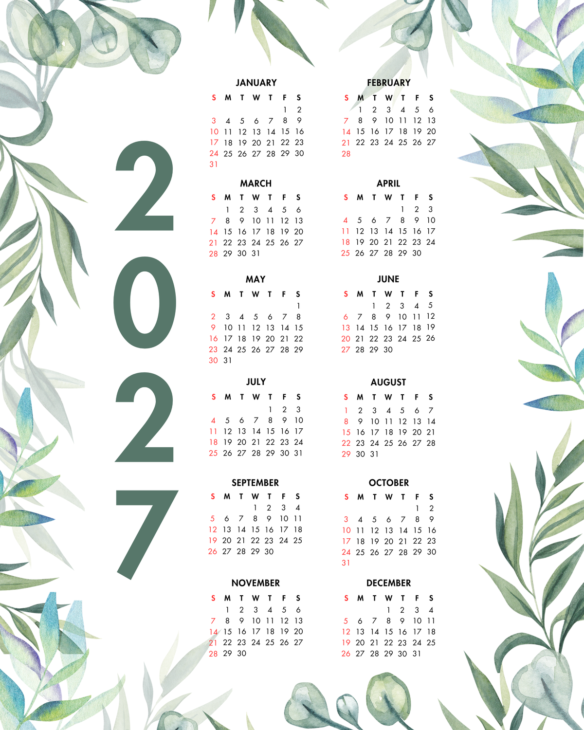 2027 Year at a Glance Wall Calendar – Green Leafy Watercolors