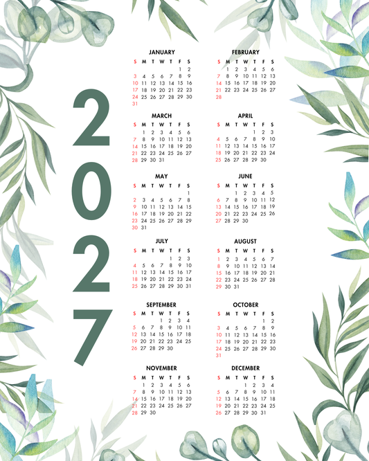 2027 Year at a Glance Wall Calendar – Green Leafy Watercolors