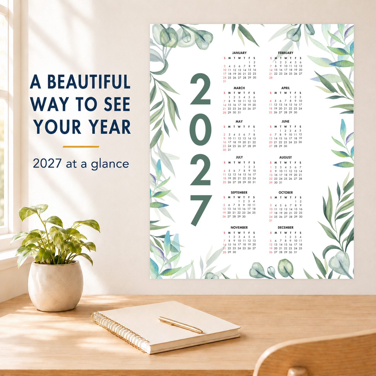 2027 Year at a Glance Wall Calendar – Green Leafy Watercolors carousel image 3