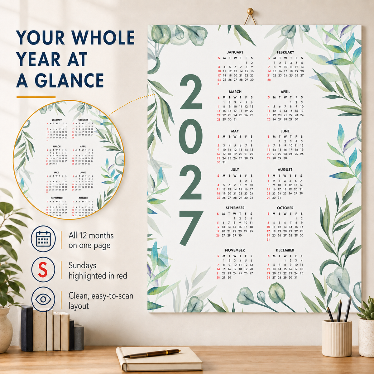 2027 Year at a Glance Wall Calendar – Green Leafy Watercolors carousel image 7